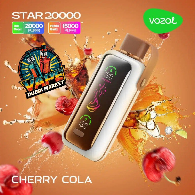 Vozol Star 20000 Puffs Cherry Cola disposable vape with cola splash and cherries