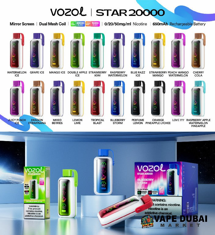 Vozol Star 20000 Puffs Disposable Vape all flavors chart and packaging in Dubai UAE