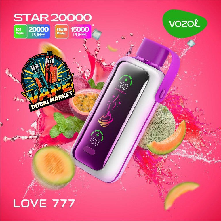 Vozol Star 20000 Puffs Love 777 disposable vape with passionfruit, melon, and mint