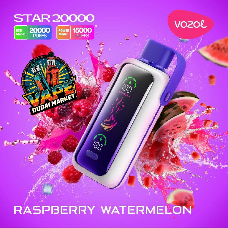 Vozol Star 20000 Puffs Raspberry Watermelon vape with juicy fruit splash background