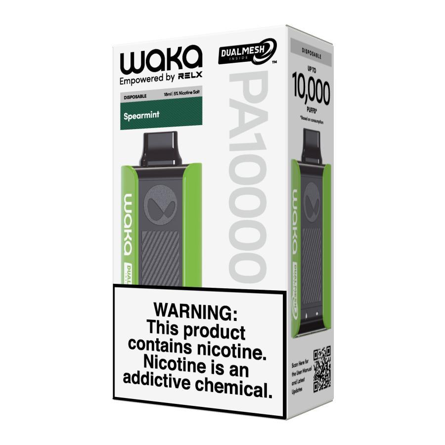 WAKA Spearmint disposable vape 10000 puffs with dual mesh coil and nicotine warning box