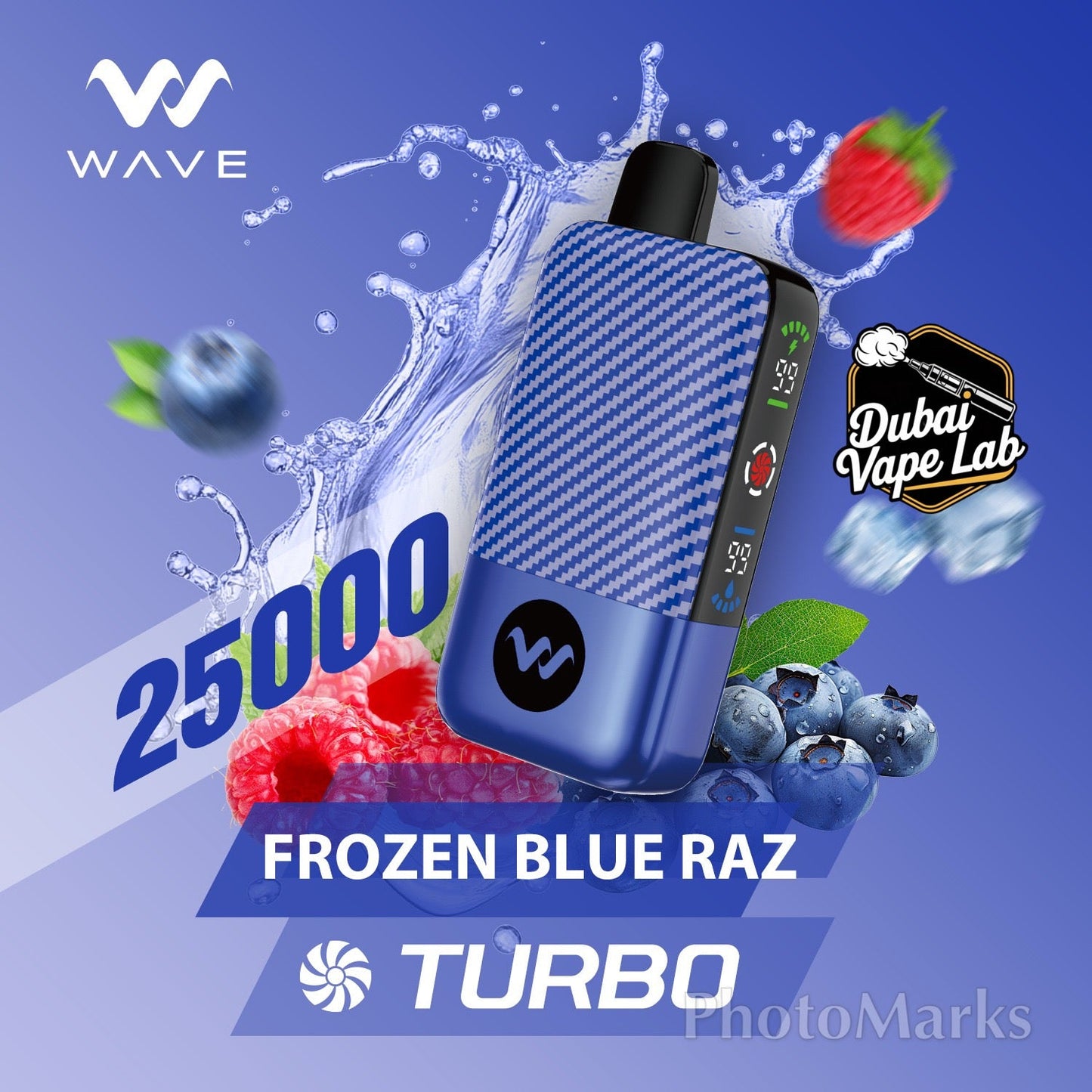 WAVE 25,000 puffs disposable vape with Frozen Blue Raz flavor.