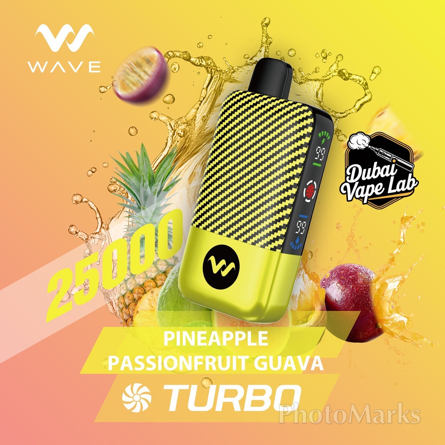 WAVE 25,000 puffs disposable vape with Pineapple Passionfruit Guava flavor.