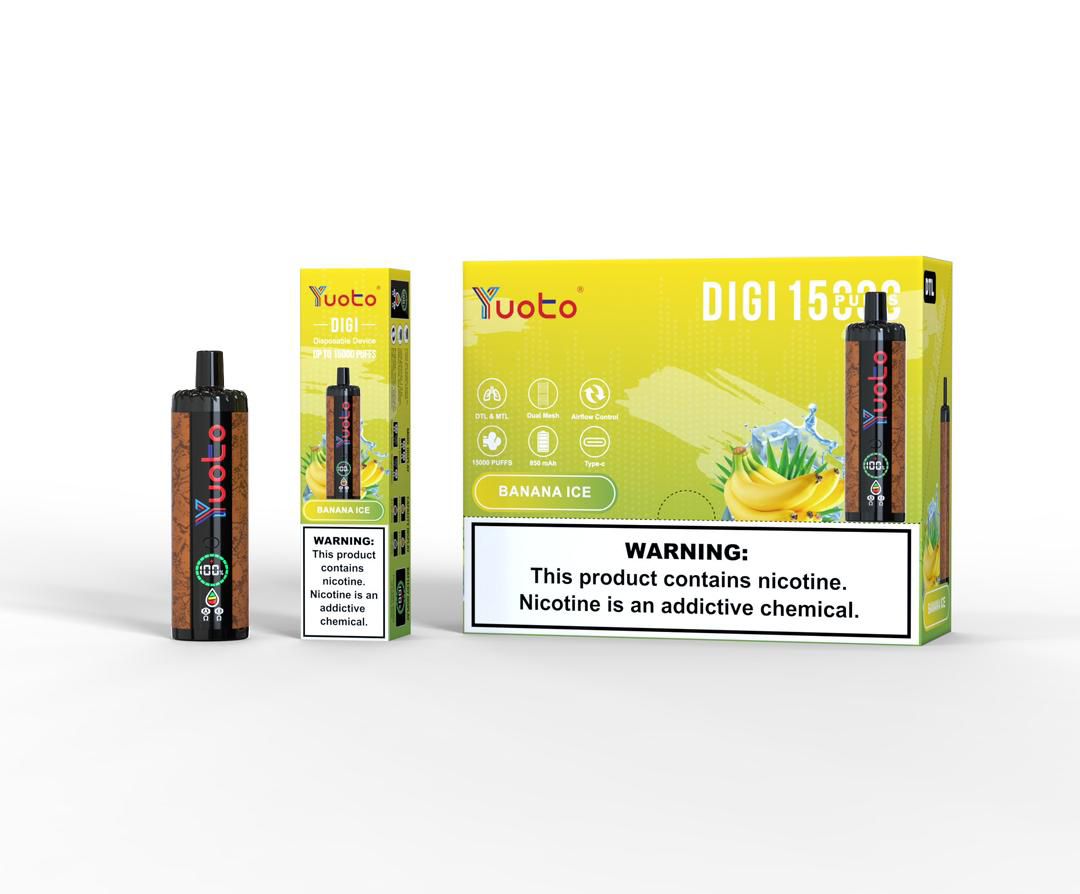 Yuoto Digi 15000 puffs disposable vape, Banana Ice flavor, yellow box and device.