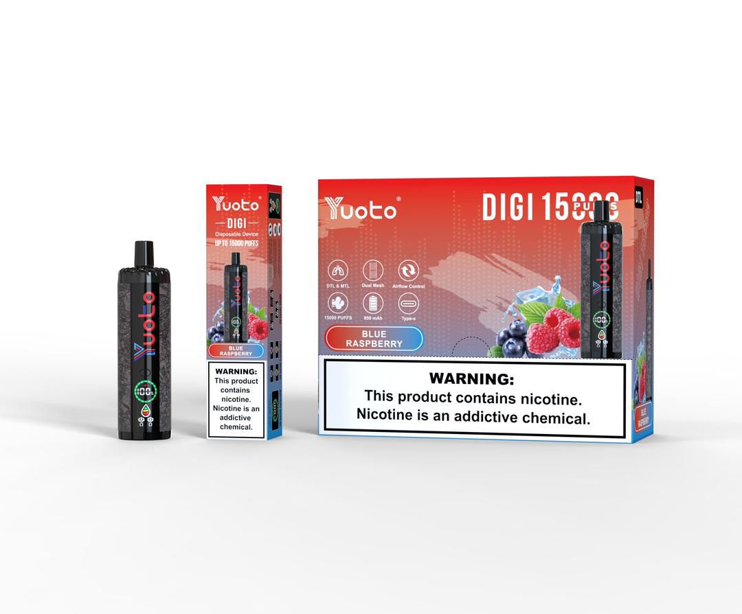 Yuoto Digi 15000 puffs disposable vape, Blue Raspberry flavor, red box and device.