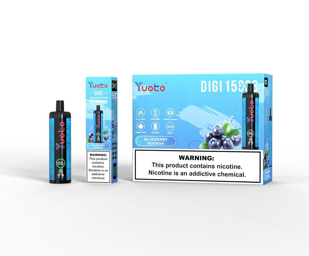Yuoto Digi 15000 puffs disposable vape, Blueberry Hookah flavor, blue box and device.