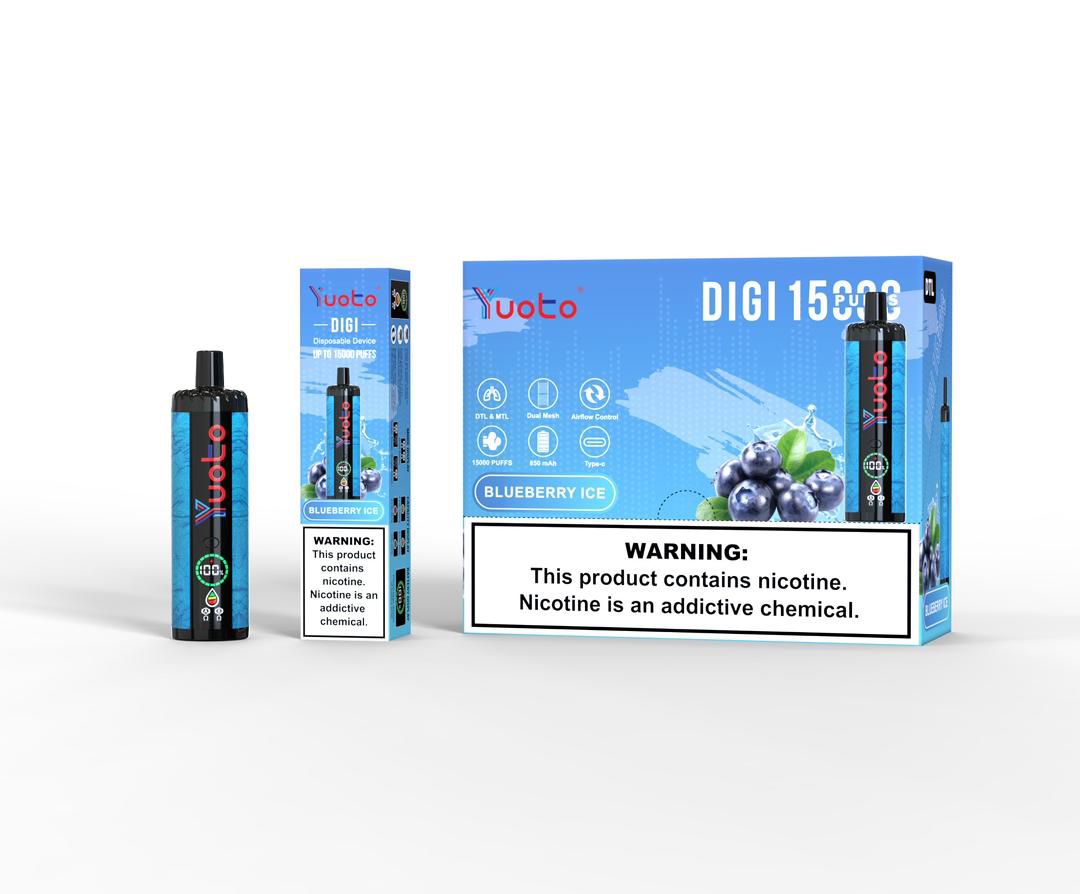 Yuoto Digi 15000 puffs disposable vape, Blueberry Ice flavor, blue box and device.

