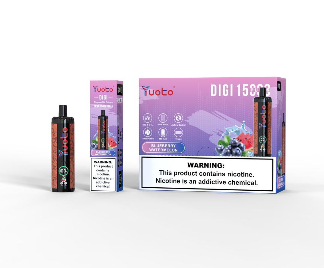 Yuoto Digi 15000 puffs disposable vape, Blueberry Watermelon flavor, purple box and device.