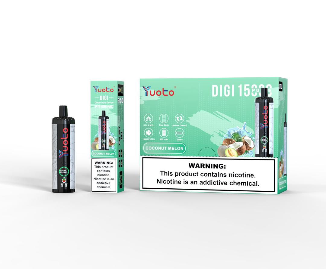 Yuoto Digi 15000 puffs disposable vape, Coconut Melon flavor, box and device.