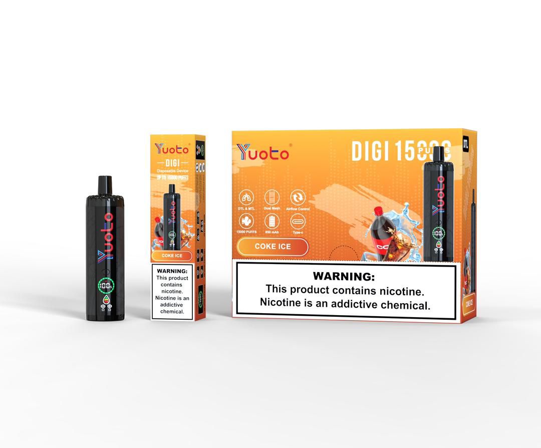 Yuoto Digi 15000 puffs disposable vape, Coke Ice flavor, orange box and device.