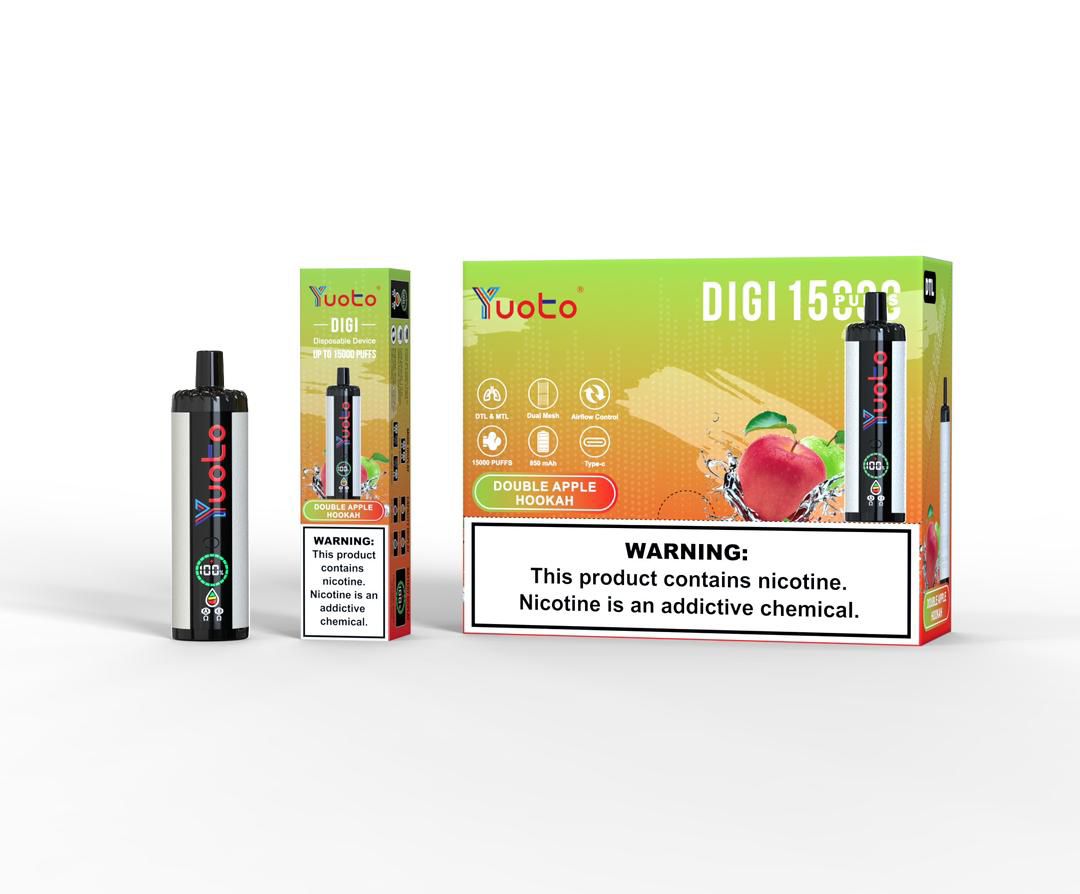 Yuoto Digi 15000 puffs disposable vape, Double Apple Hookah flavor, box and device.
