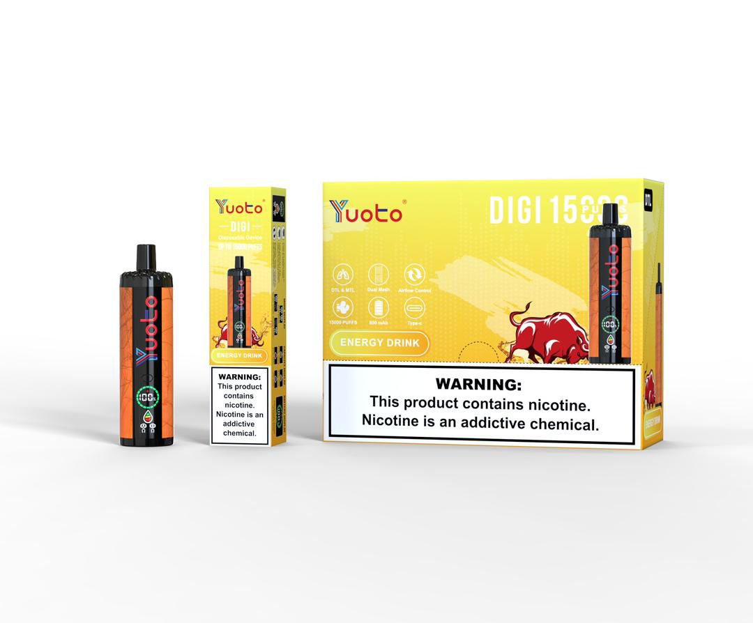 Yuoto Digi 15000 puffs disposable vape, Energy Drink flavor, yellow box and device.