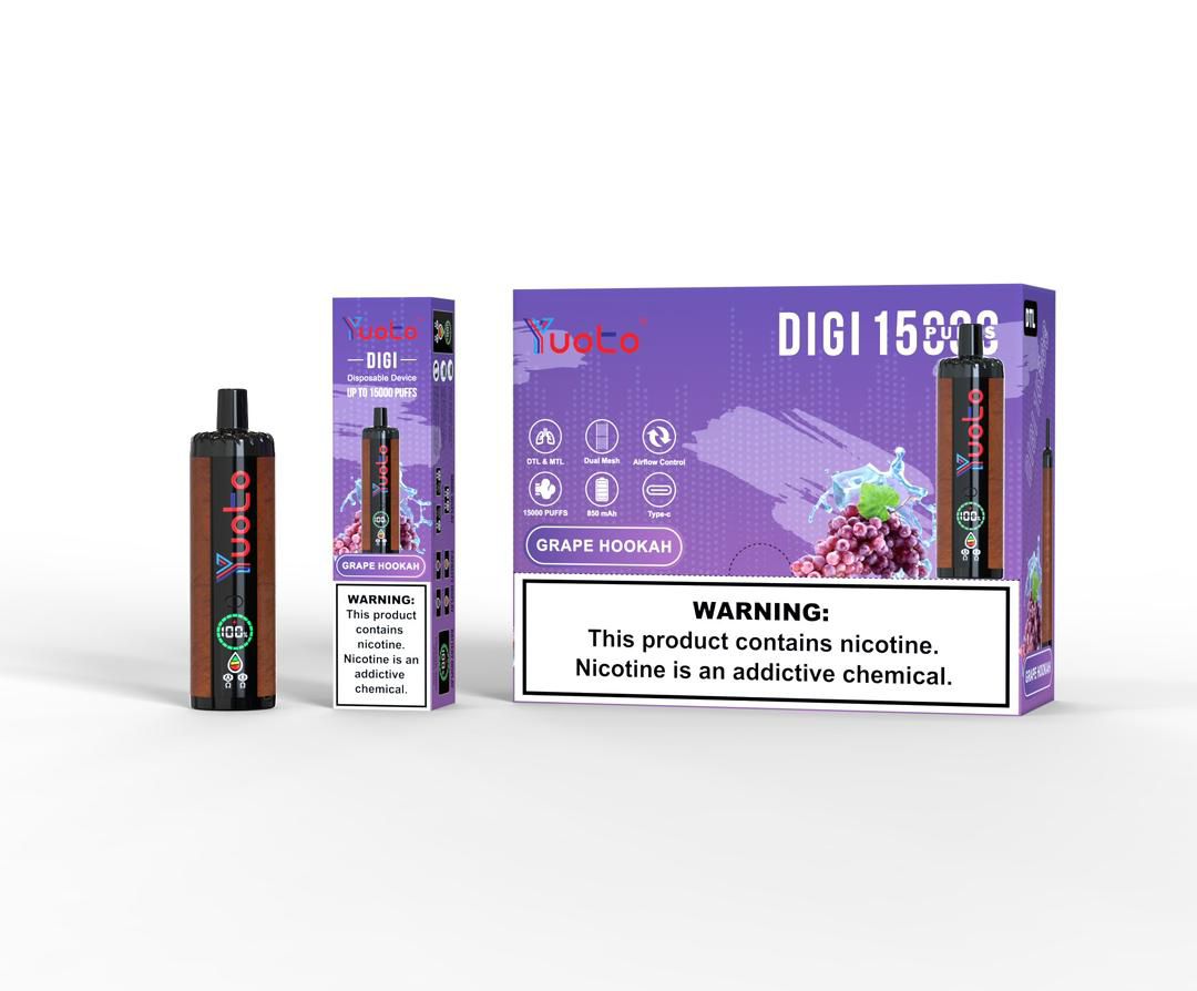 Yuoto Digi 15000 puffs disposable vape, Grape Hookah flavor, purple box and device.