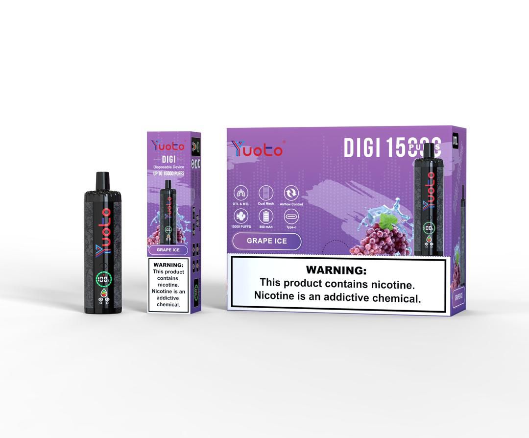 Yuoto Digi 15000 puffs disposable vape, Grape Ice flavor, purple box and device.