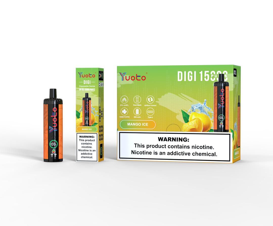 Yuoto Digi 15000 puffs disposable vape, Mango Ice flavor, yellow box and device.