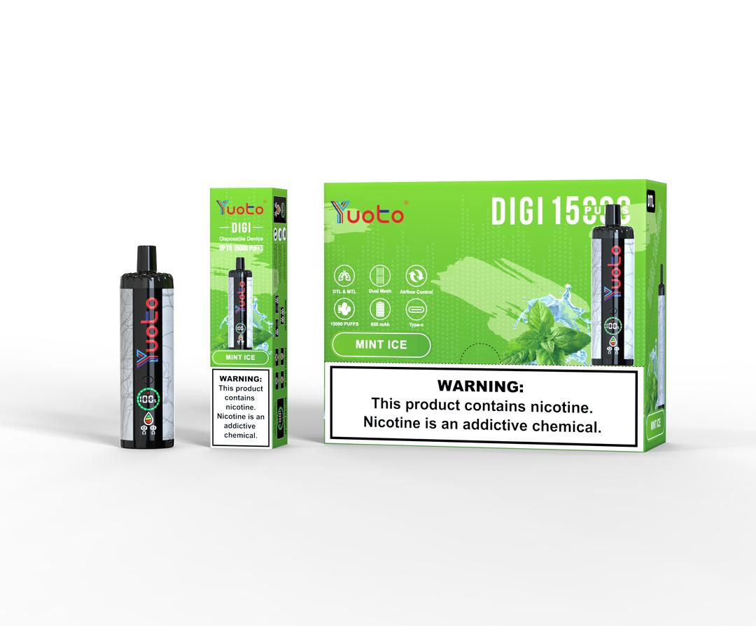 Yuoto Digi 15000 puffs disposable vape, Mint Ice flavor, green box and device.