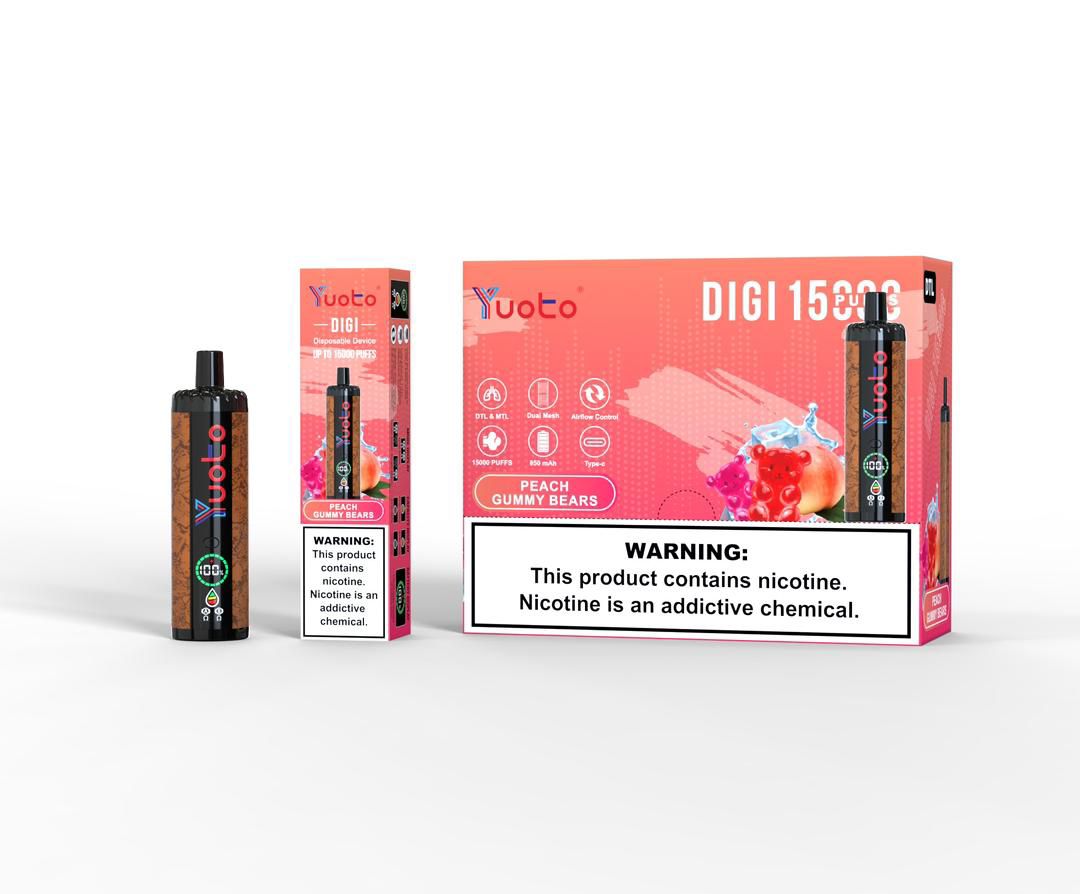 Yuoto Digi 15000 puffs disposable vape, Peach Gummy Bears flavor, box and device.