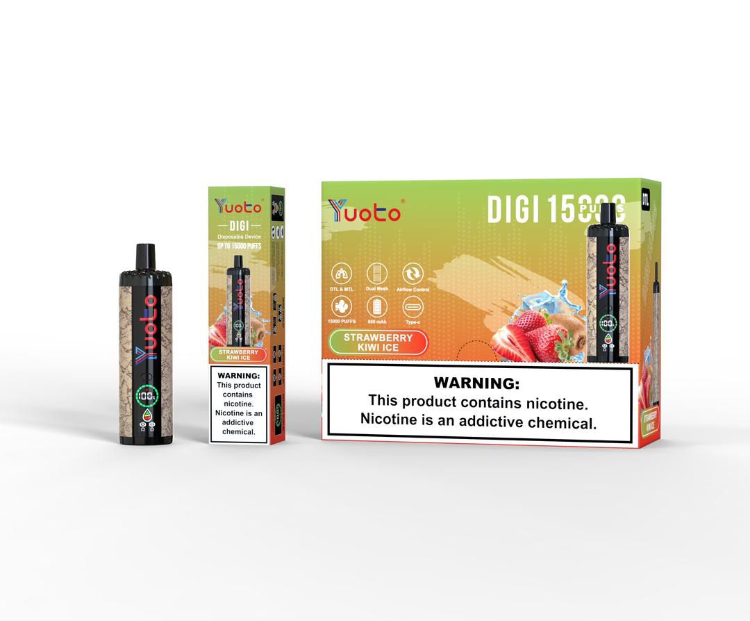 Yuoto Digi 15000 puffs disposable vape, Strawberry Kiwi Ice flavor, box and device.