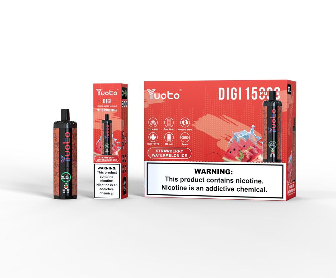 Yuoto Digi 15000 puffs disposable vape, Strawberry Watermelon Ice flavor, box and device.