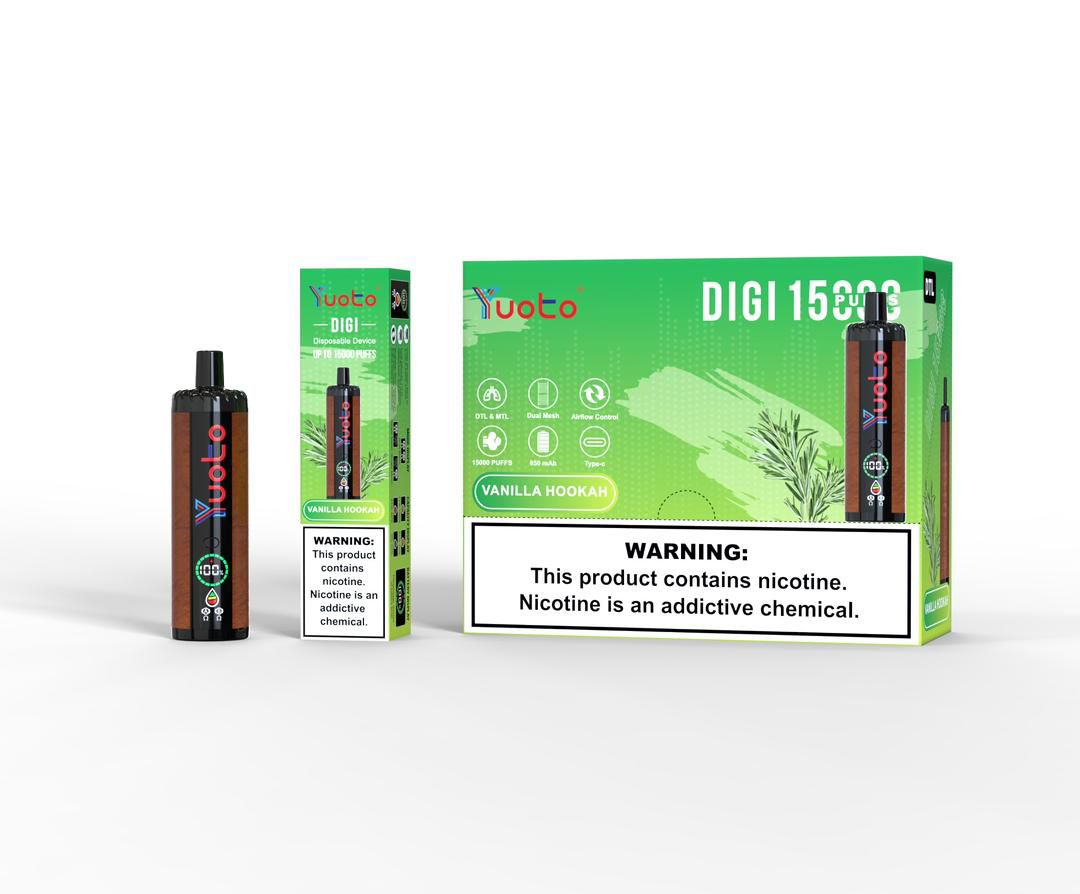 Yuoto Digi 15000 puffs disposable vape, Vanilla Hookah flavor, green box and device.