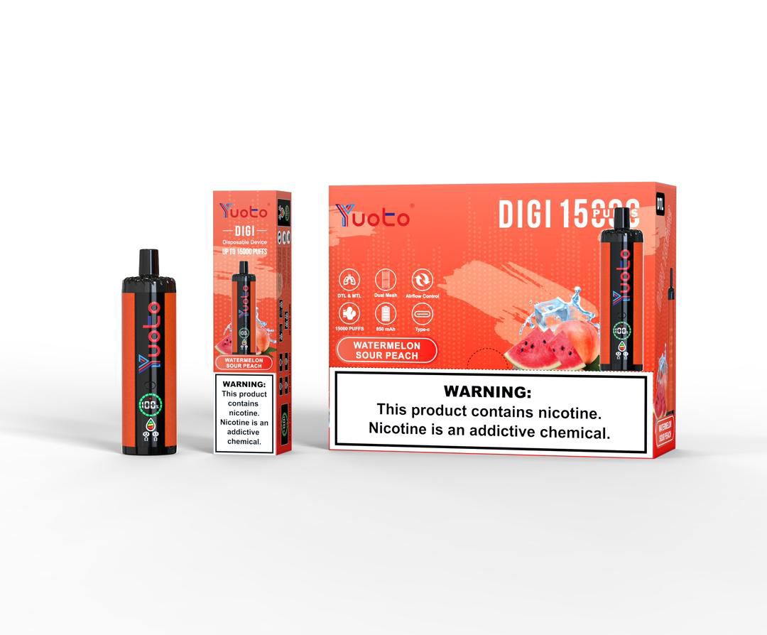 Yuoto Digi 15000 puffs disposable vape, Watermelon Sour Peach flavor, box and device.