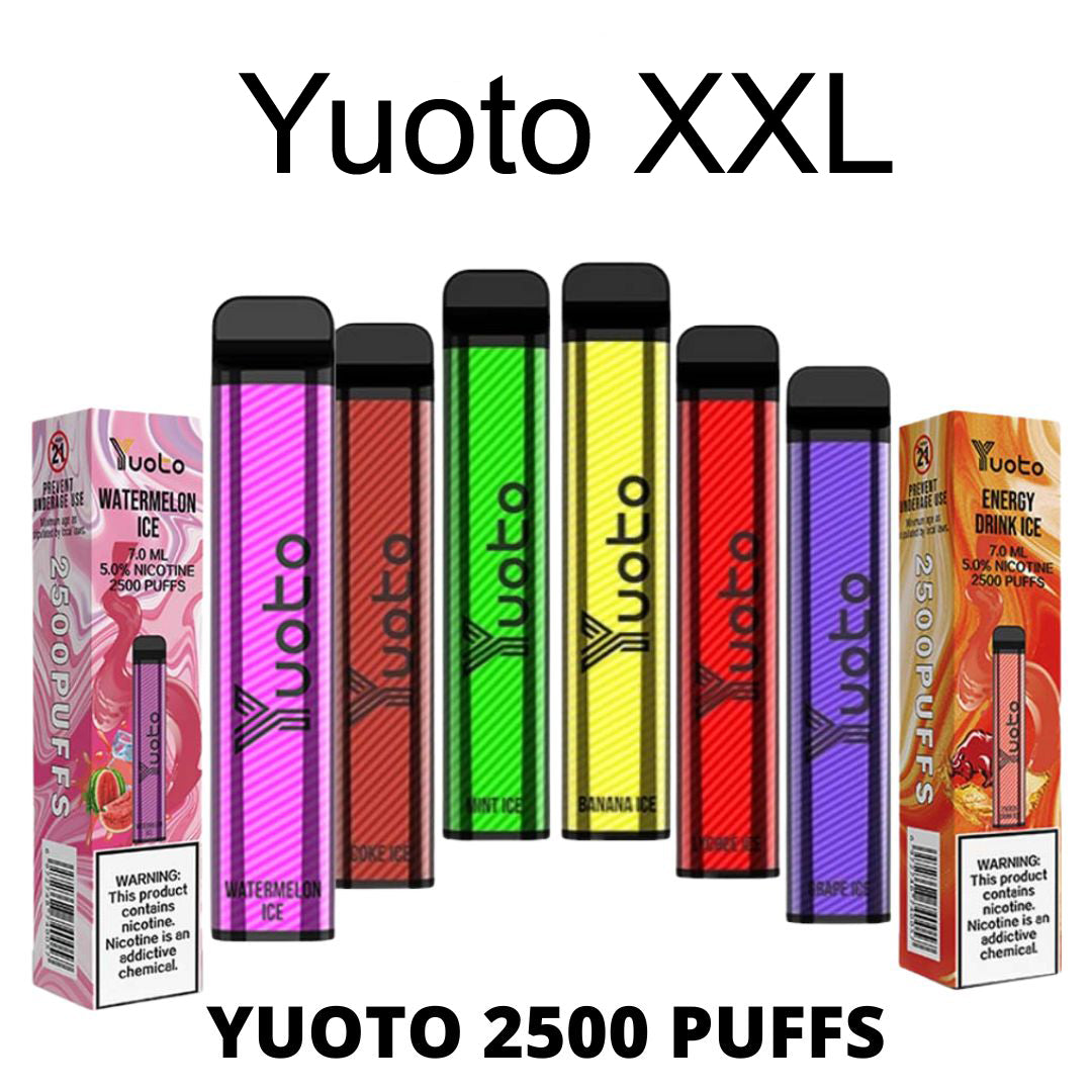 Yuoto XXL 2500 puffs disposable vape assorted flavors and packaging