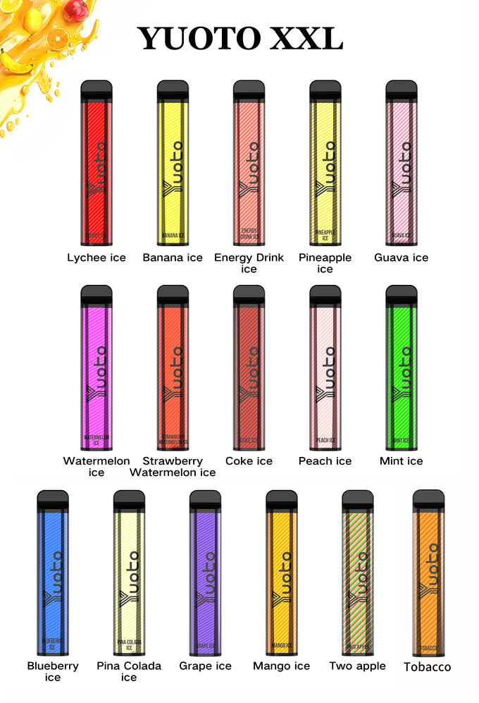 Yuoto XXL disposable vape pen flavors lineup with colorful devices