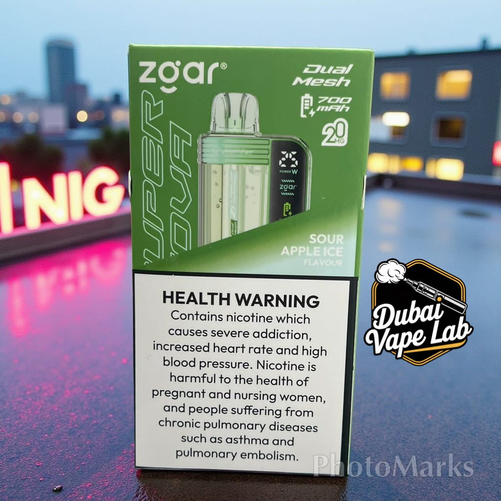 Zgar Super Nova disposable vape with Sour Apple Ice flavor.
